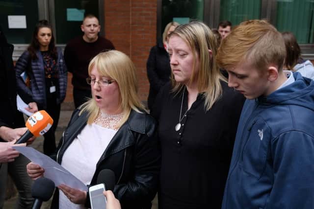 Mandy Westrop, (left) Autie of Leonne, Paula Appley (centre) mother of Leonne Weeks, and twin brother of Leonne, Levi Weeks (right) outside Sheffield Crown court after the sentencing. Photo - Ross Parry.