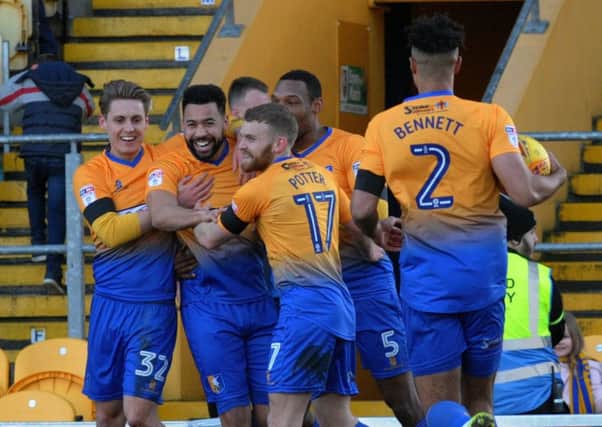 Stags players celebrate scoring against Coventry in a performance which impressed club legend Sandy Pate