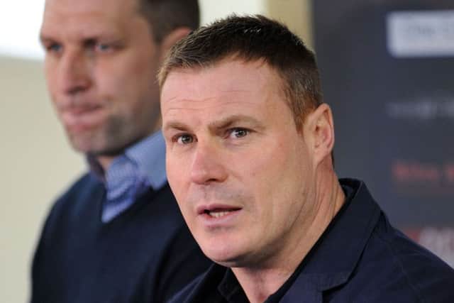 Stags' new manager David Flitcroft with assistant Ben Futcher at the One Call Stadium press conference on Thursday.