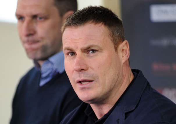 Stags' new manager David Flitcroft with assistant Ben Futcher at the One Call Stadium press conference on Thursday.