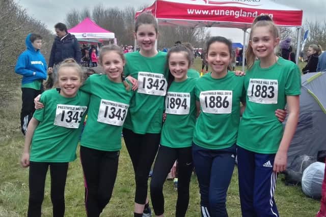 Mansfield Harriers girls (from left) Mathilda Bullough, Jemima Waller, Ella Kennedy, Ruby Milnes, Beth Hamilton and Alex Foster.