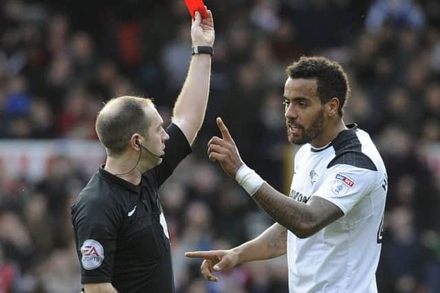 IN PICTURE: Tom Huddlestone is show the red card.STORY: SPORT LEAD: Nottingham Forest v Derby County.  Sky Bet Championship match at The City Ground, Nottingham.  Sunday 11th March 2018.