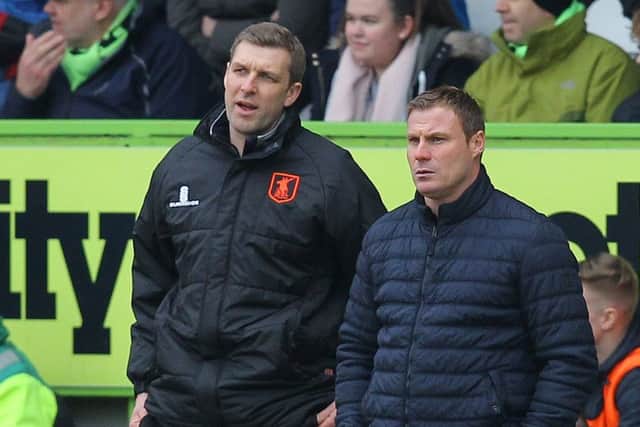 Picture by Gareth Williams/AHPIX.com; Football; Sky Bet League Two; Forest Green Rovers v Mansfield Town; 24/3/18  KO 15.00; The New Lawn; copyright picture; Howard Roe/AHPIX.com; Stags' boss David Flitcroft and assistant Ben Futcher discuss tactics