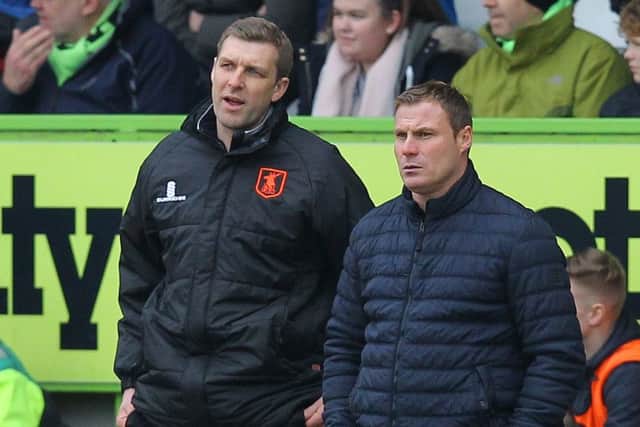 Picture by Gareth Williams/AHPIX.com; Football; Sky Bet League Two; Forest Green Rovers v Mansfield Town; 24/3/18  KO 15.00; The New Lawn; copyright picture; Howard Roe/AHPIX.com; Stags' boss David Flitcroft and assistant Ben Futcher discuss tactics