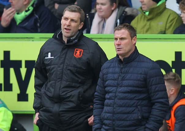 Picture by Gareth Williams/AHPIX.com; Football; Sky Bet League Two; Forest Green Rovers v Mansfield Town; 24/3/18  KO 15.00; The New Lawn; copyright picture; Howard Roe/AHPIX.com; Stags' boss David Flitcroft and assistant Ben Futcher discuss tactics