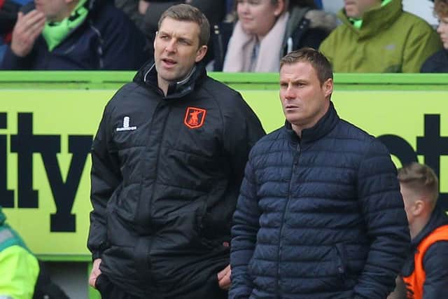 Picture by Gareth Williams/AHPIX.com; Football; Sky Bet League Two; Forest Green Rovers v Mansfield Town; 24/3/18  KO 15.00; The New Lawn; copyright picture; Howard Roe/AHPIX.com; Stags' boss David Flitcroft and assistant Ben Futcher discuss tactics