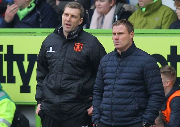 Picture by Gareth Williams/AHPIX.com; Football; Sky Bet League Two; Forest Green Rovers v Mansfield Town; 24/3/18  KO 15.00; The New Lawn; copyright picture; Howard Roe/AHPIX.com; Stags' boss David Flitcroft and assistant Ben Futcher discuss tactics