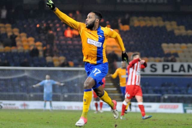 Mansfield v Accrington Stanley.Second half substitute, Yoann Arquin celebrates scoring the Stags' equaliser to tie the score at 4-4.