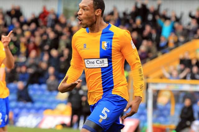 Mansfield Town v Newport County in the Sky Bet League 2. Krystian Pearce scores for Mansfield. Picture: Chris Etchells