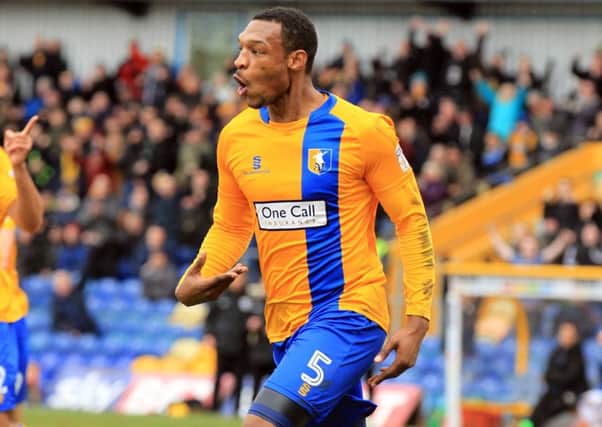 Mansfield Town v Newport County in the Sky Bet League 2. Krystian Pearce scores for Mansfield. Picture: Chris Etchells
