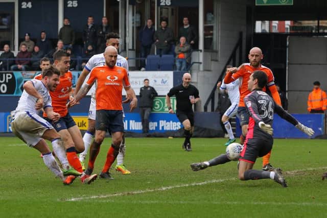 Picture by Gareth Williams/AHPIX.com; Football; Sky Bet League Two; Luton Town v Mansfield Town; 2/4/18  KO 15.00; Kenilworth Road; copyright picture; Howard Roe/AHPIX.com; Alex McDonald sees his effort saved by Luton keeper James Shea