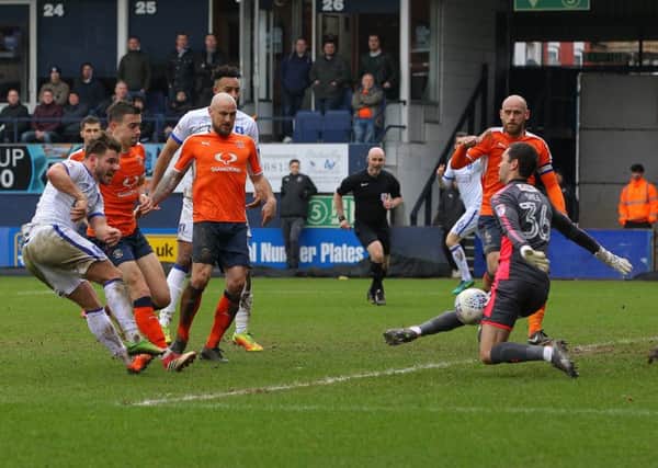 Picture by Gareth Williams/AHPIX.com; Football; Sky Bet League Two; Luton Town v Mansfield Town; 2/4/18  KO 15.00; Kenilworth Road; copyright picture; Howard Roe/AHPIX.com; Alex McDonald sees his effort saved by Luton keeper James Shea