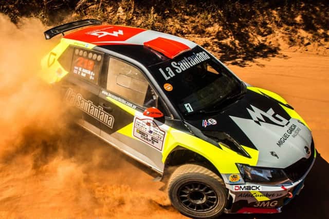 Phil Hall in action during the rally in Paraguay, alongside driver Miguel Garcia. (PHOTO BY: ML Photosport).