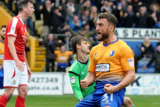 Ricky Miller celebrates his goal as the Stags fought back to 4-3 down.
