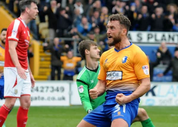 Ricky Miller celebrates his goal as the Stags fought back to 4-3 down.