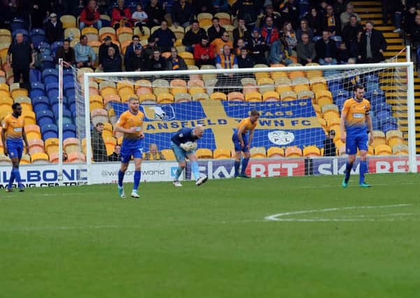 Mansfield Town v Crewe Alexander
Stag's 'keeper Conrad Logan shows his frustration after Crewe score their fourth in the first half.
