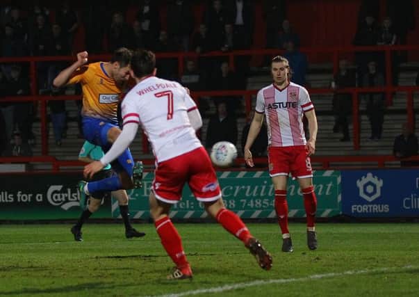 Picture by Gareth Williams/AHPIX.com; Football; Sky Bet League Two; Stevenage v Mansfield Town; 10/18  KO 19.45; The Lamex Stadium; copyright picture; Howard Roe/AHPIX.com; Stags' Will Atkinson equalises at Stevenage