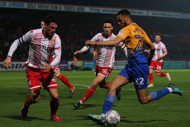 Picture by Gareth Williams/AHPIX.com; Football; Sky Bet League Two; Stevenage v Mansfield Town; 10/18  KO 19.45; The Lamex Stadium; copyright picture; Howard Roe/AHPIX.com; Stags fCJ Hamilton takes on Stevenage's Ronnie Henry