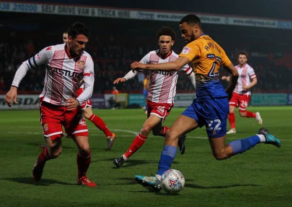 Picture by Gareth Williams/AHPIX.com; Football; Sky Bet League Two; Stevenage v Mansfield Town; 10/18  KO 19.45; The Lamex Stadium; copyright picture; Howard Roe/AHPIX.com; Stags fCJ Hamilton takes on Stevenage's Ronnie Henry