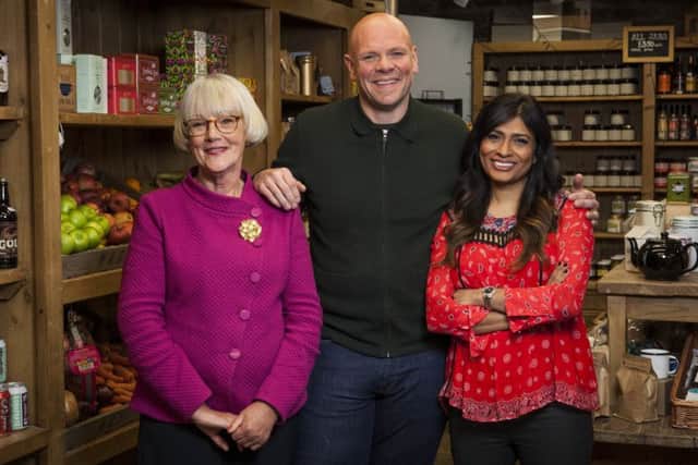 Alison Swan Parente, left, with Top of the Shop presenter Tom Kerridge and fellow food judge Nisha Katona.