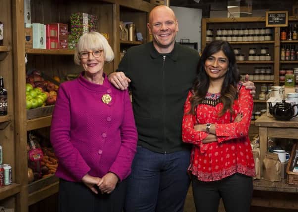 Alison Swan Parente, left, with Top of the Shop presenter Tom Kerridge and fellow food judge Nisha Katona.
