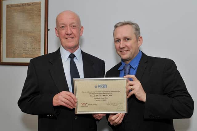 NPAC award presented to The Chad in recognition of 25 years of support, Chairman Dave Scott presents a certificate to Head of Content Jon Ball