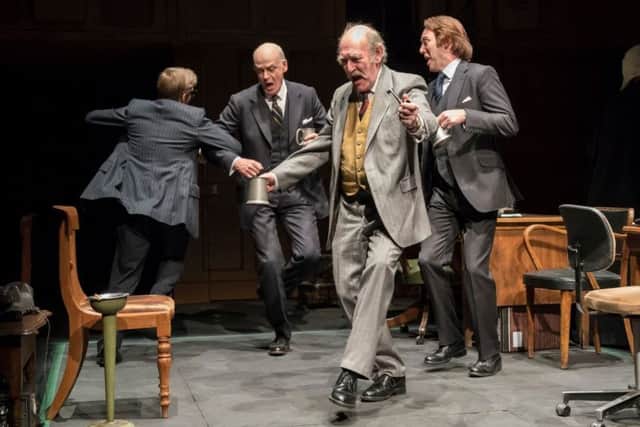 Giles Cooper, William Chubb, Nicholas Lumley and Matthew Pidgeon dance a celebratory jig in James Graham's witty political expose "This House". Picture by Johan Persson