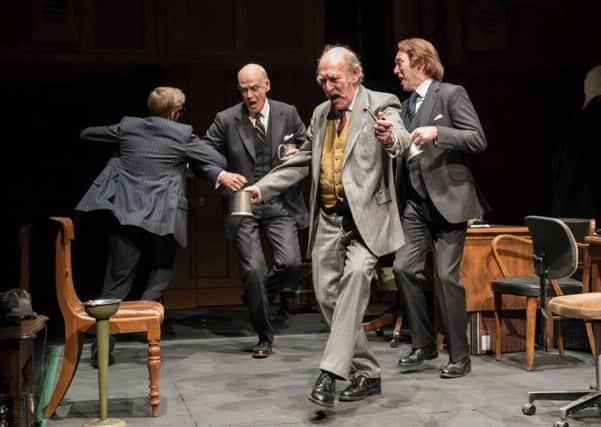 Giles Cooper, William Chubb, Nicholas Lumley and Matthew Pidgeon dance a celebratory jig in James Graham's witty political expose "This House". Picture by Johan Persson