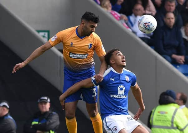 Picture Andrew Roe/AHPIX LTD, Football, EFL Sky Bet League Two, Chesterfield v Mansfield Town, Proact Stadium, 14/04/18, K.O 1pm

Chesterfield's Jacob Brown battles with Mansfield's Mal Benning

Andrew Roe>>>>>>>07826527594