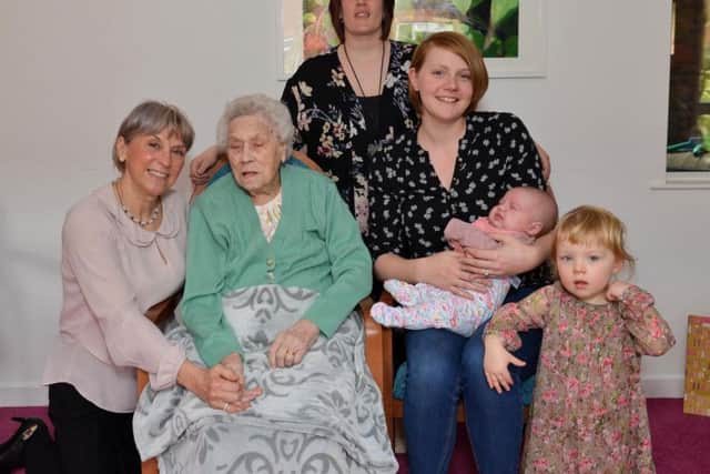Gladys Richards celebrated her 102nd birthday at Sutton Court Care Home, Gladys is pictured with Daughter Pauline Colton, Great Granddaughters Jemma Baillie and Ellis Marriott and Great Great Grandchildren Isla Marriott, two and Esme Marriott, 8 weeks