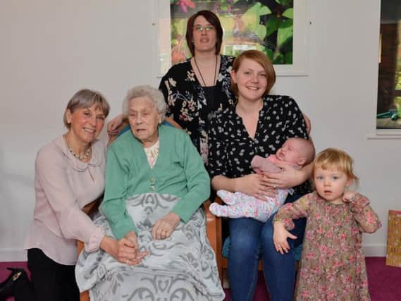 Gladys Richards celebrated her 102nd birthday at Sutton Court Care Home, Gladys is pictured with Daughter Pauline Colton, Great Granddaughters Jemma Baillie and Ellis Marriott and Great Great Grandchildren Isla Marriott, two and Esme Marriott, 8 weeks