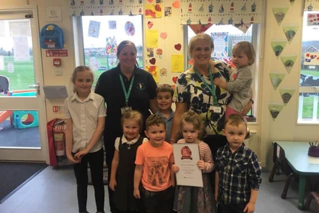Back row: Abigail Hollis, Clair Bellamy (Senior Nursery Practitioner), Ashton Hollis, Karen Creighton (nursery manager) and Robyn Cleary.
Front Row: Ava Bellamy, Morgan Cheeseman, Aoiffe Brown-Tomlinson and Barnaby Atherton
