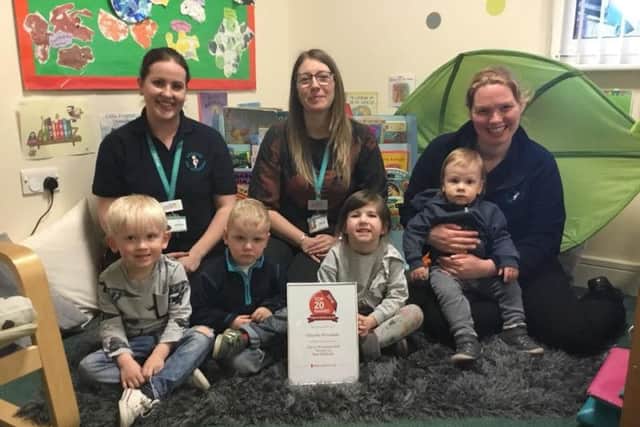 Staff (l to r) Becky Whyle, Heather Nash and Sorrell Dickson. Children: Harry, Harry, Eryn and Ruslans