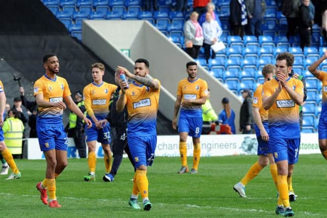 Stags players thank the fans after the win at Chesterfield.