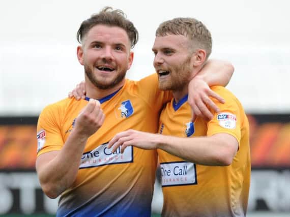 Alfie Potter (right) and Alex MacDonald celebrate Stags' goal.