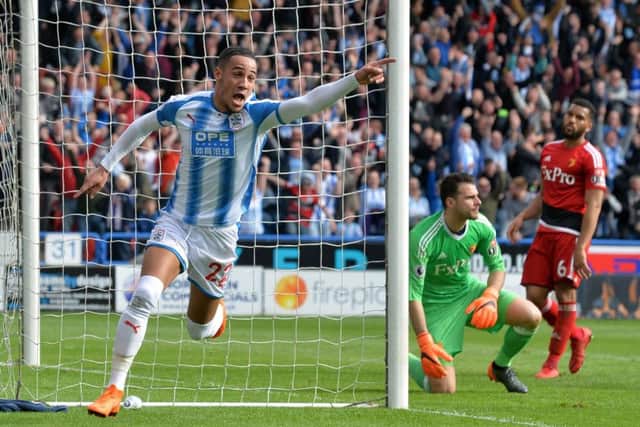 Tom Ince celebrates his match winning goal.
Huddersfield Town v Watford FC. Premier League. John Smiths Stadium.
14 April 2018. Picture Bruce Rollinson