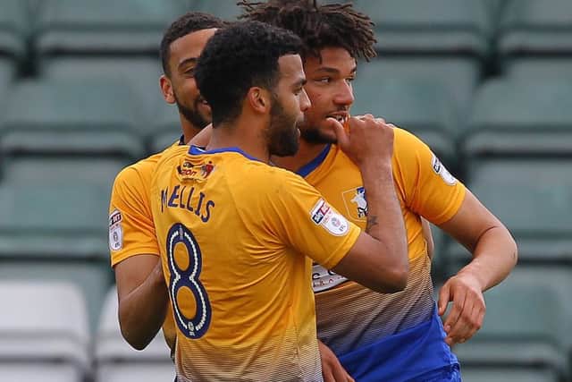 Picture by Gareth Williams/AHPIX.com; Football; Sky Bet League Two; Yeovil Town v Mansfield Town; 28/4/18 KO 15:00; Huish Park; copyright picture; Howard Roe/AHPIX.com; Lee Angol celebrates after giving Mansfield the lead at Yeovil