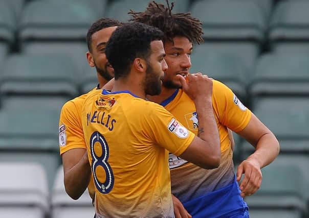 Picture by Gareth Williams/AHPIX.com; Football; Sky Bet League Two; Yeovil Town v Mansfield Town; 28/4/18  KO 15:00; Huish Park; copyright picture; Howard Roe/AHPIX.com; Lee Angol celebrates after giving Mansfield the lead at Yeovil