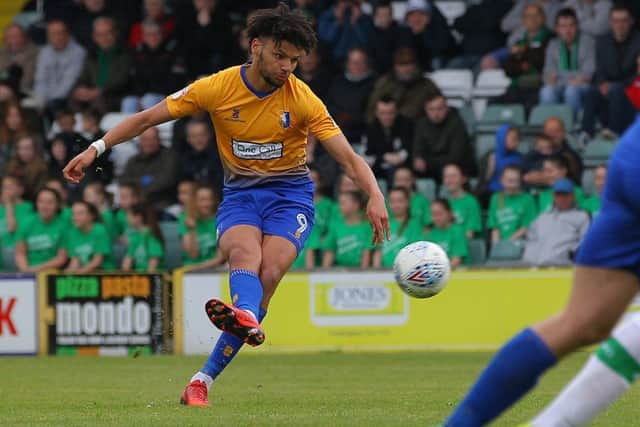 Picture by Gareth Williams/AHPIX.com; Football; Sky Bet League Two; Yeovil Town v Mansfield Town; 28/4/18 KO 15:00; Huish Park; copyright picture; Howard Roe/AHPIX.com; Mansfield's Lee Angol curls home a stunning free-kick to give them the lead at Yeovil