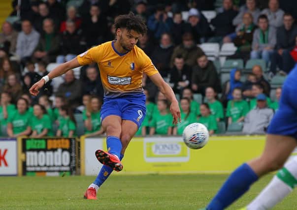 Picture by Gareth Williams/AHPIX.com; Football; Sky Bet League Two; Yeovil Town v Mansfield Town; 28/4/18  KO 15:00; Huish Park; copyright picture; Howard Roe/AHPIX.com; Mansfield's Lee Angol curls home a stunning free-kick to give them the lead at Yeovil