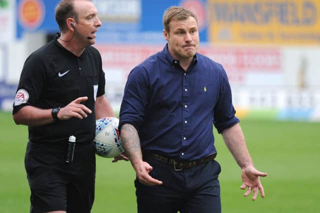 Mansfield Town v Port Vale.     David Flitcroft with the referee after Saturday's game against Port Vale.