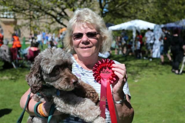 Susan Gregory holds Ripple and the rosette Ripple won for winning the waggiest tail competition.