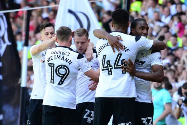 Picture by Howard Roe/AHPIX.com;Football;SkyBet;Championship;06/05/2018   KO 12.30pm; Pride Park;copyright picture;Howard Roe;07973 739229;Ram's Matej Vydra celebrates his goal with his team mates
