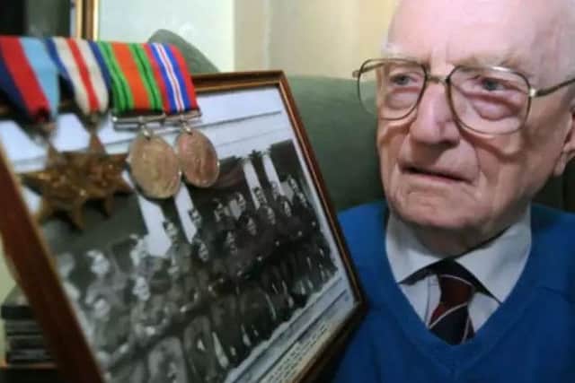 Gordon Horsewood, 96 year-old Normandy veteran died on April 30, pictured in 2012 with a photograph of his WW2 comrades.
