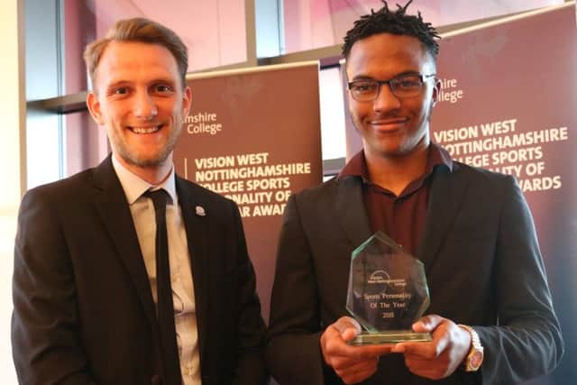 Akym Davis (right), West Nottinghamshire College Sports Personality of the Year, with guest speaker Ryan Bromyard