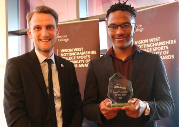 Akym Davis (right), West Nottinghamshire College Sports Personality of the Year, with guest speaker Ryan Bromyard