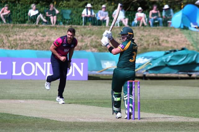 First ball of the Notts innings and Chris Nash smashes Nathan Buck to the square leg boundary.