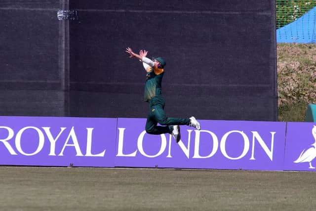 A flying Riki Wessels just fails to reach the ball as it went for six over long off.