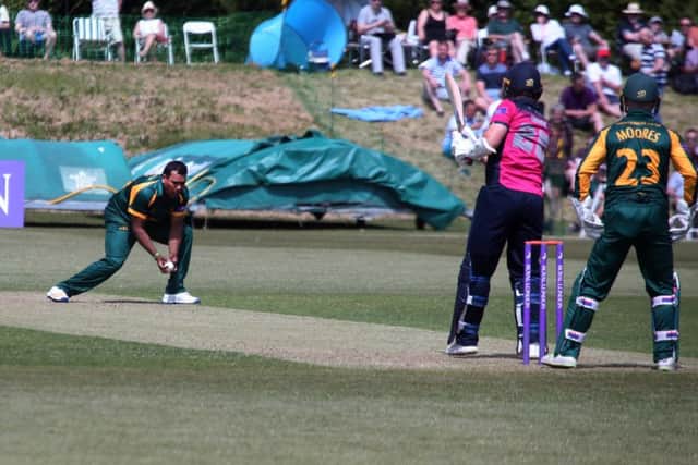 Samit Patel makes a good stop off his own bowling.
