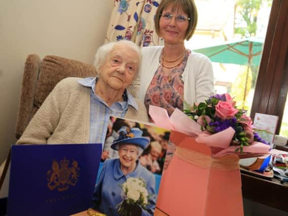 Margaret Thomas celebrated her 100th birthday at Ashdale care Home in Mansfield. Margaret is pictured with niece Janet Hall.